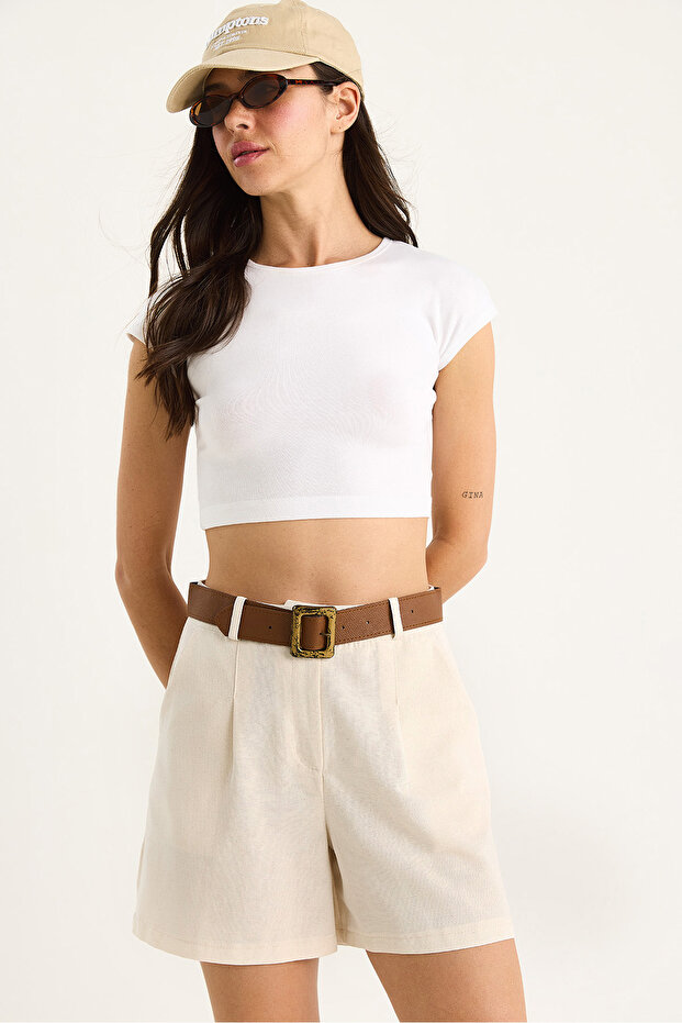 Women's Beige Belted Thin Linen Shorts with Pocket Detail 2530 60281070
