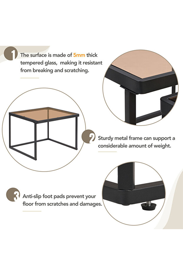 Modern Nested Coffee Table Set,brown Tempered Glass Side Table,end Table For Living Room - 7