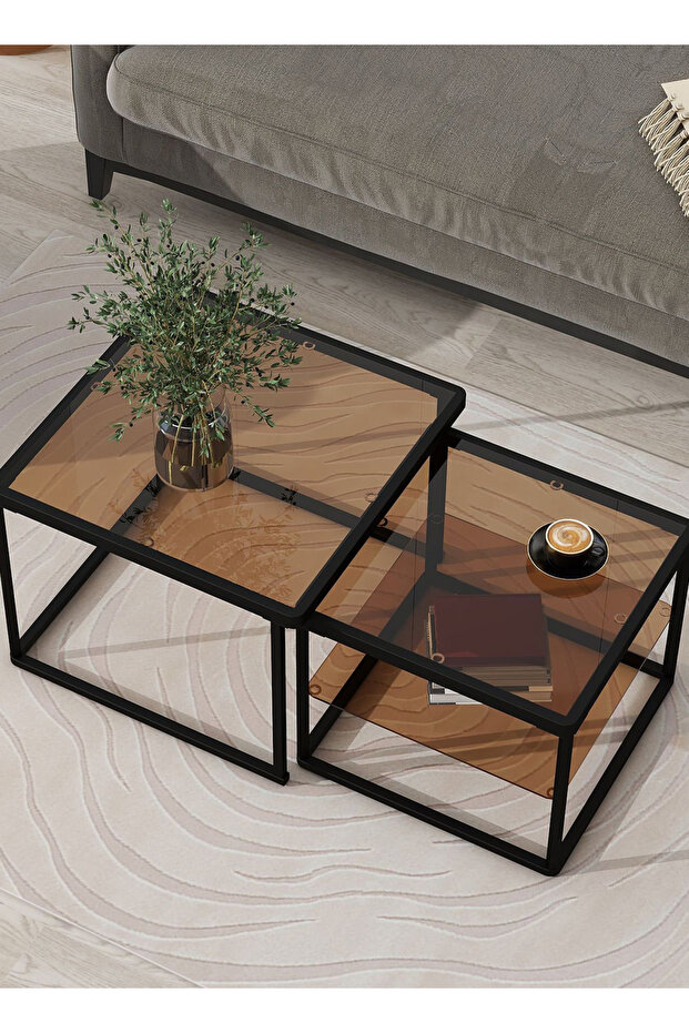 Modern Nested Coffee Table Set,brown Tempered Glass Side Table,end Table For Living Room - 3