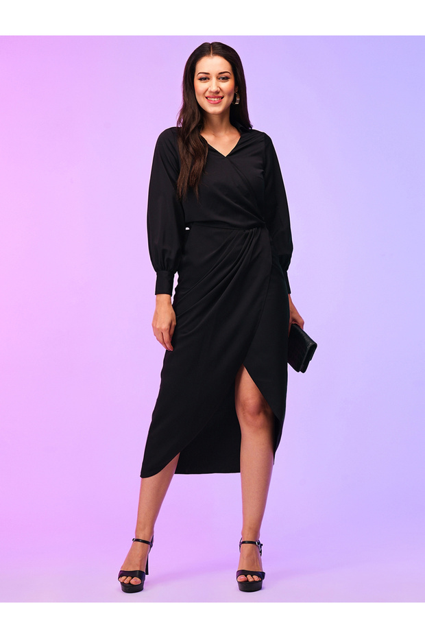 Women Black Solid Wrap Look A-Line Midi Dress with Tulip Hem