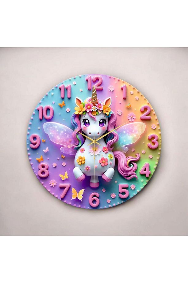 Minik Unicorn Renkli Baskı Tek Boynuzlu At Desenli Sayılı Hediyelik Ahşap Sessiz Duvar Saati 50cm - 2
