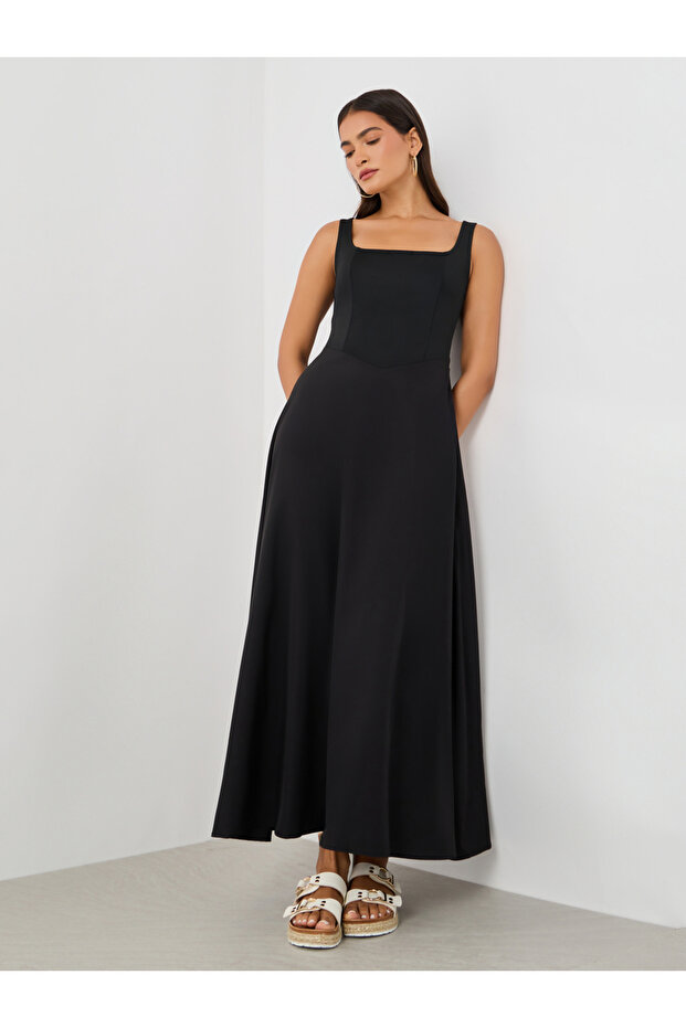 Plain Sleeveless A-Line Maxi Dress with Square Neck