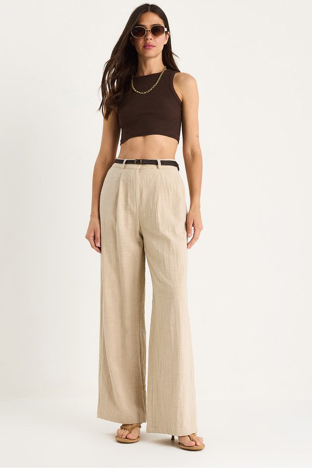Women's Beige Straw Belted Pocket Detailed Striped Linen Palazzo Trousers 3434 60283437