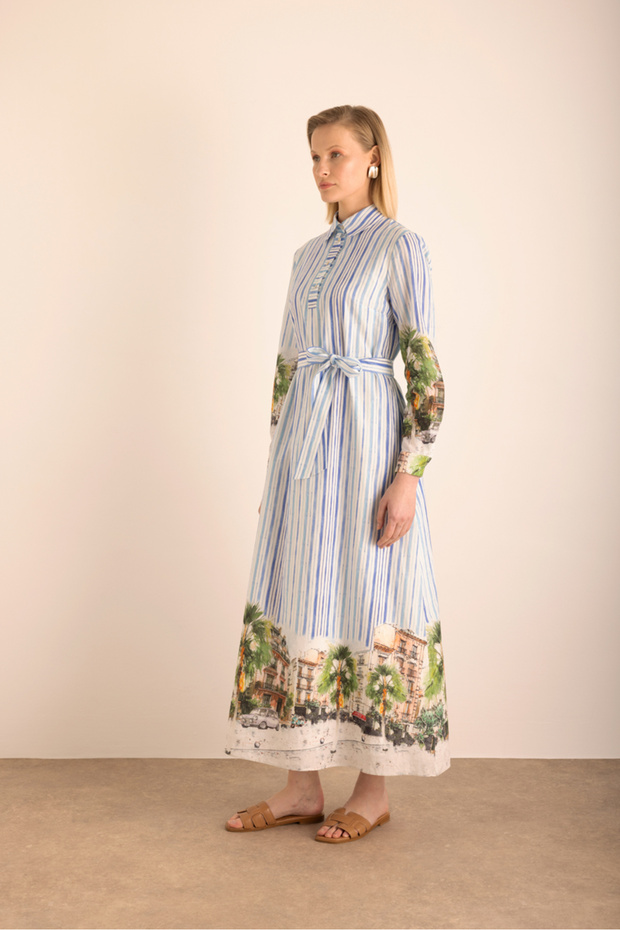 Patterned, Striped Cotton Dress - 5