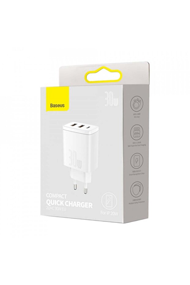 Compact wall charger, USB-C, PD, 30W and 2x USB-A, QC 3A, (CCXJ-E02) - White - 7