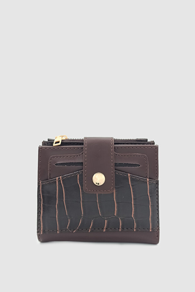 Sirel Crocodile Textured 10 Compartment Snap Fastener Women's Wallet Bitter Brown