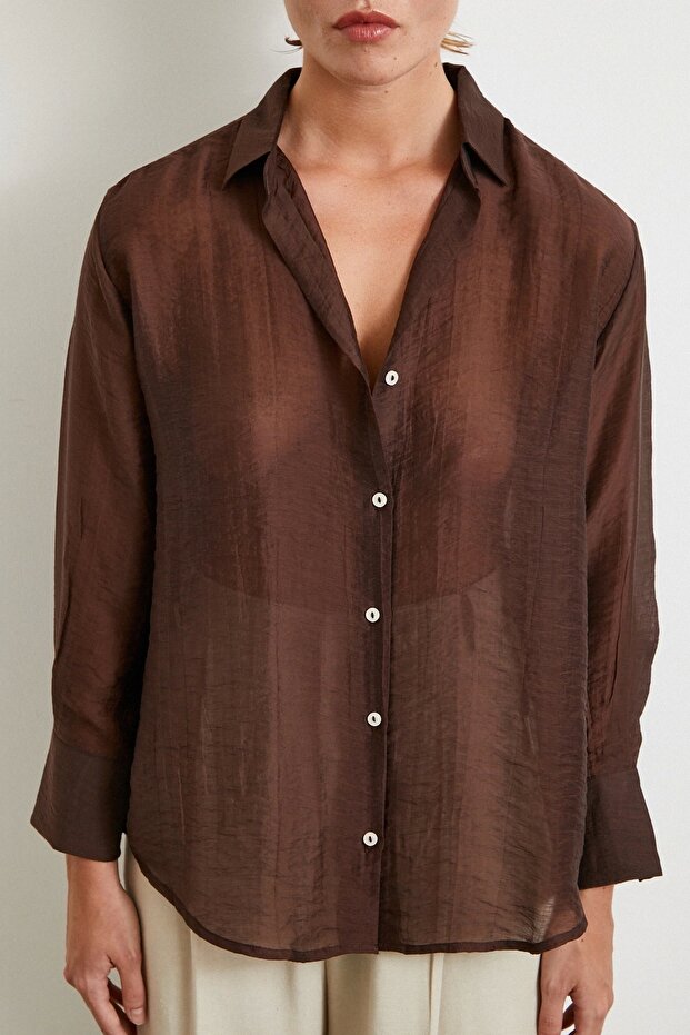 Modal Basic V Yaka Gömlek Kahve - 5