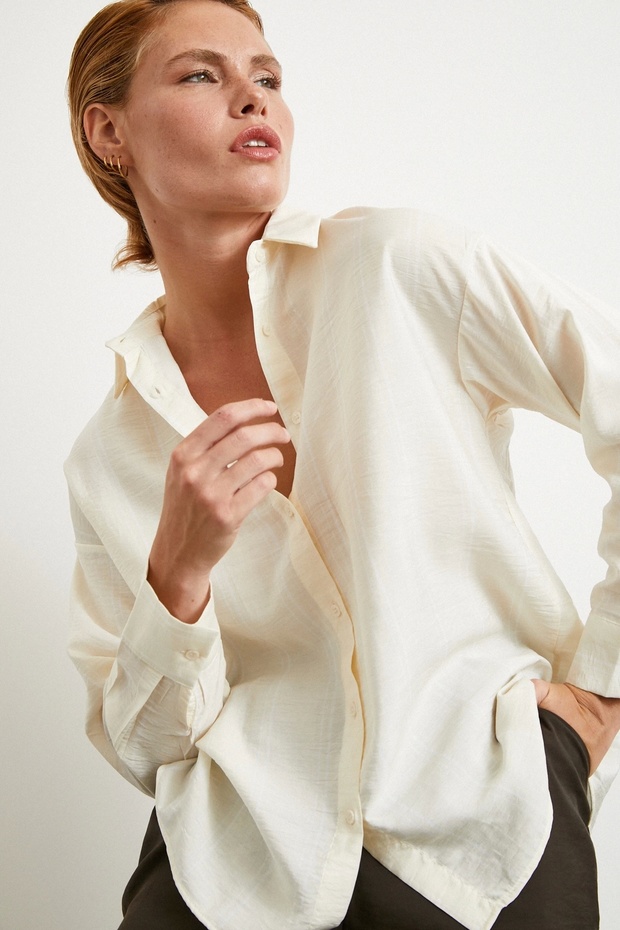 Çift Çizgili Modal Gömlek Ekru - 1