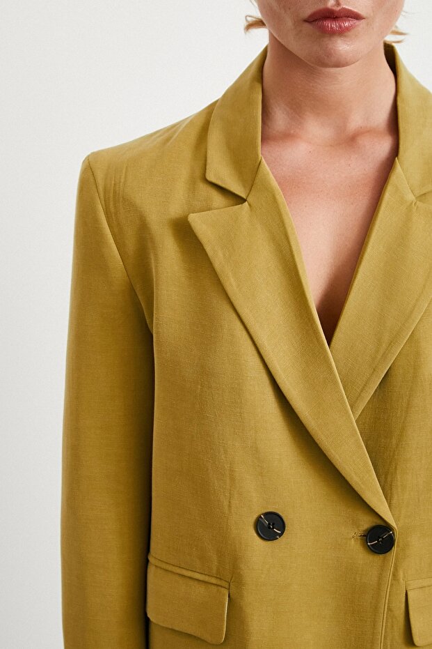 Çift Düğmeli Keten Blazer Ceket Olive - 5