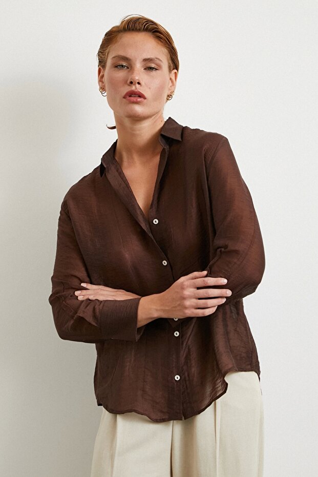 Modal Basic V Yaka Gömlek Kahve - 3