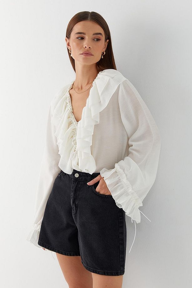 Yüksek Bel Denim Şort Siyah - 3