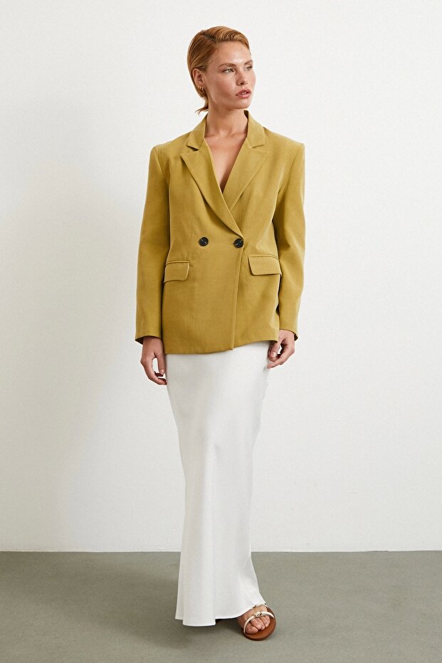 Çift Düğmeli Keten Blazer Ceket Olive - 2