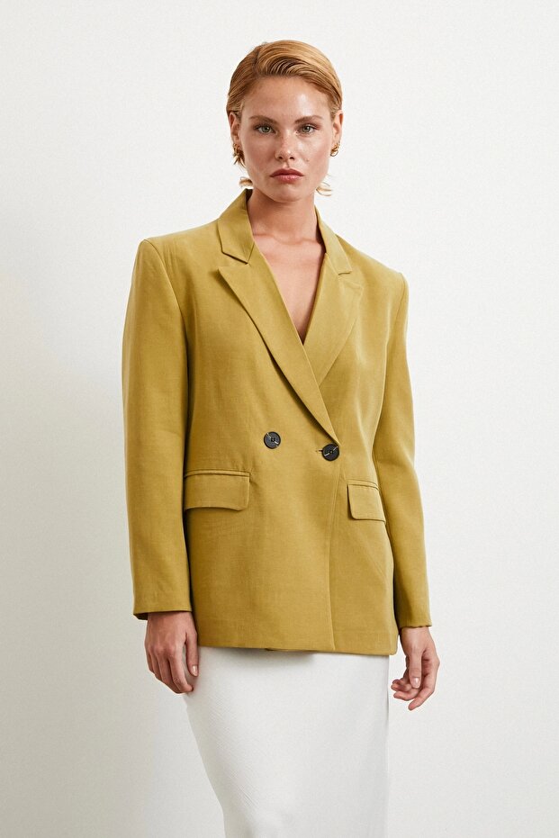 Çift Düğmeli Keten Blazer Ceket Olive - 1