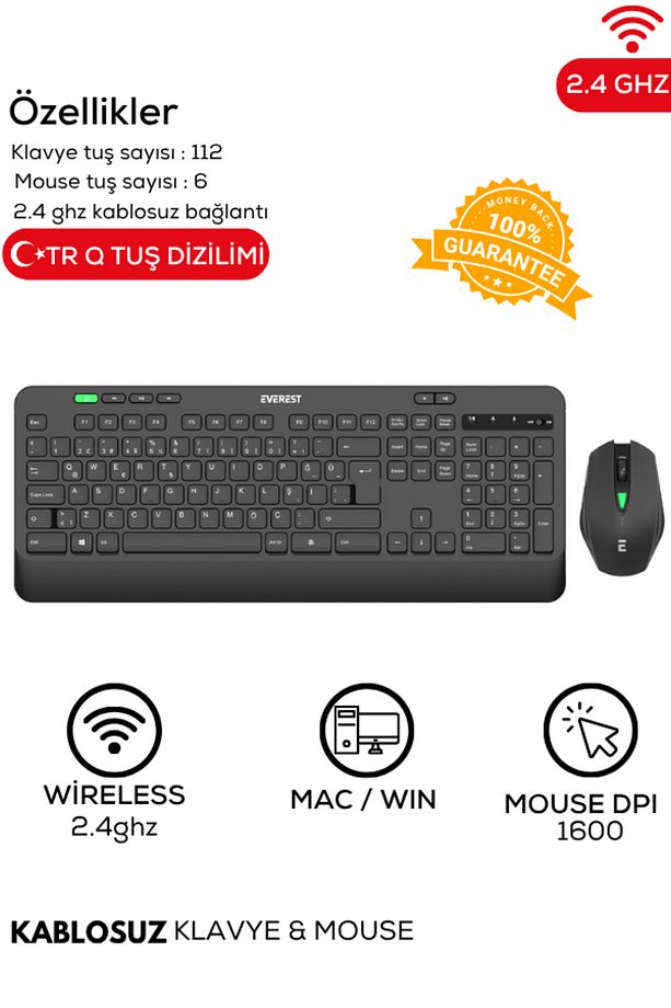 Siyah Usb Sessiz Switch İnce Kablosuz Q Multimedia Klavye + Mouse Set - 1