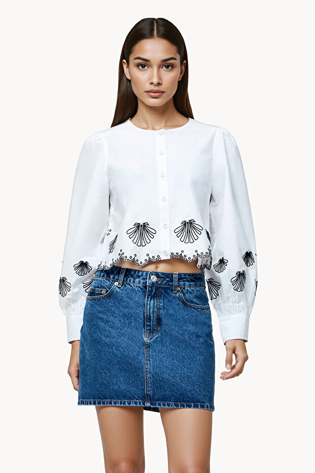 Embroidered Regular Cotton High Neck Top