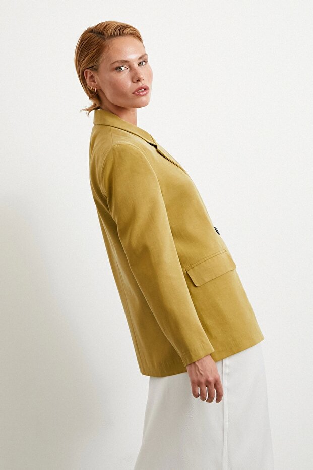 Çift Düğmeli Keten Blazer Ceket Olive - 3