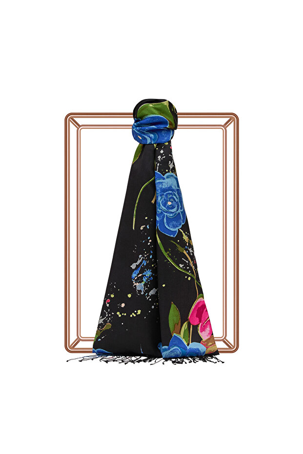 Black Summer Garden Patterned Silk Shawl - 1