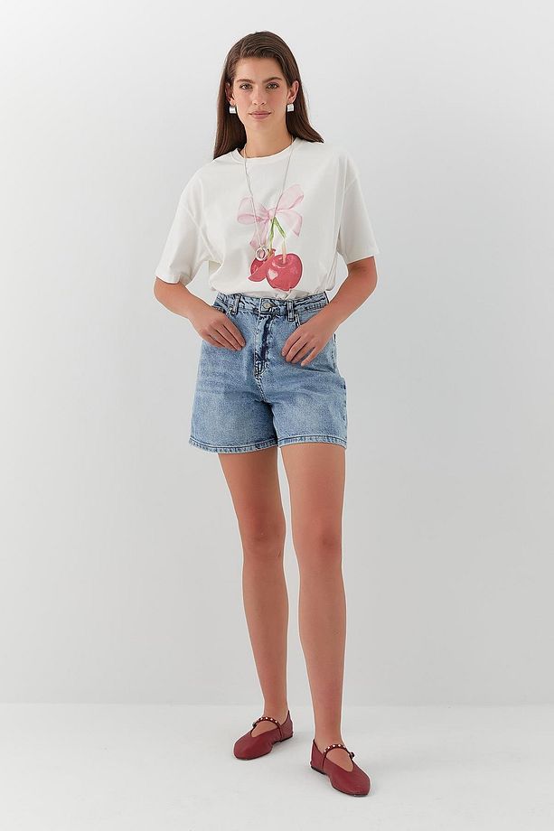 Yüksek Bel Denim Şort Mavi - 3