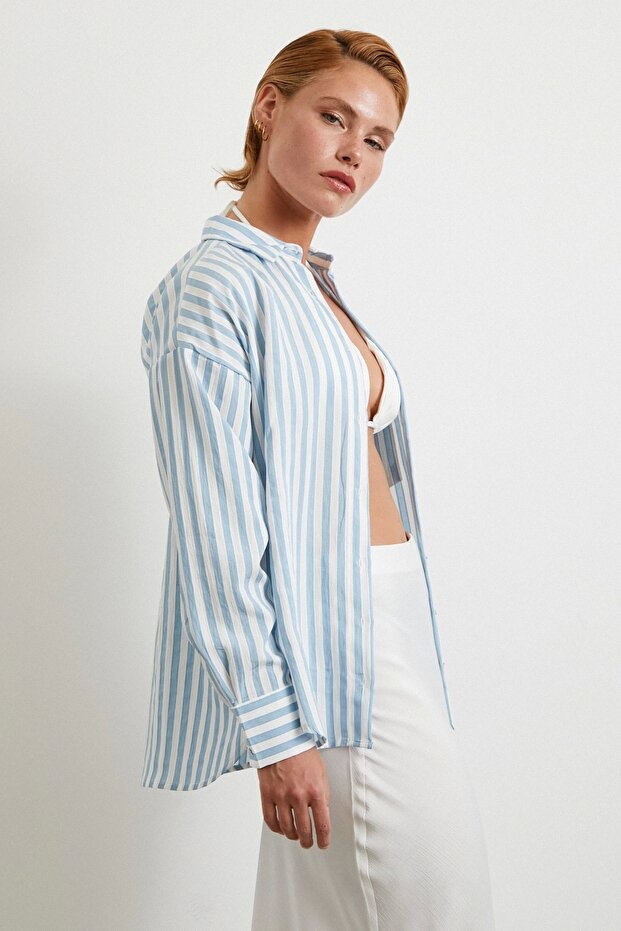 Multi Çizgili Cepli Gömlek Mavi - 1