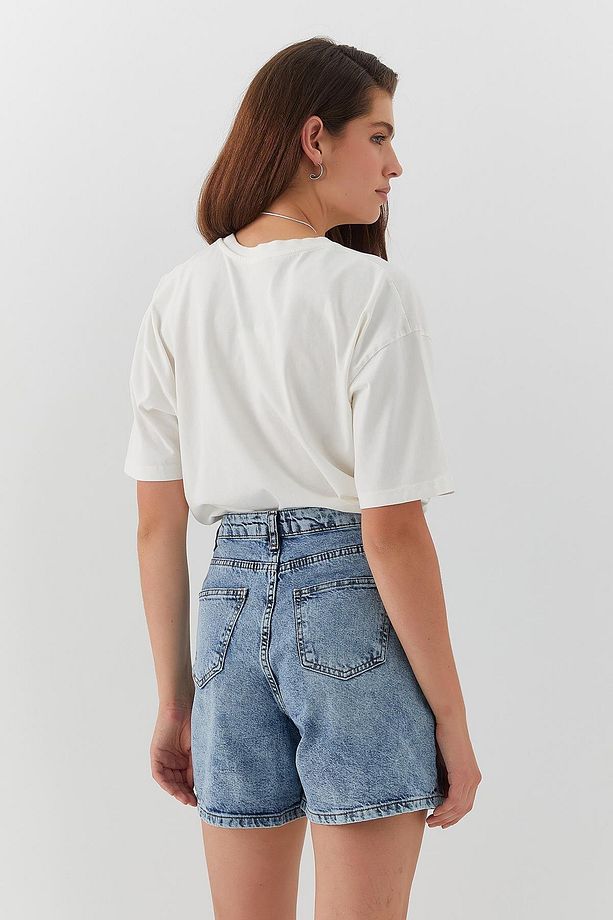 Yüksek Bel Denim Şort Mavi - 4