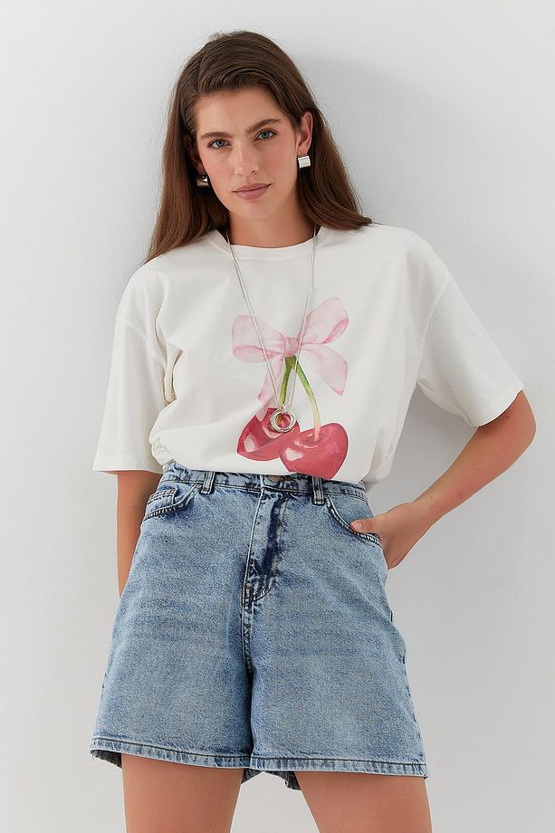 Yüksek Bel Denim Şort Mavi - 2