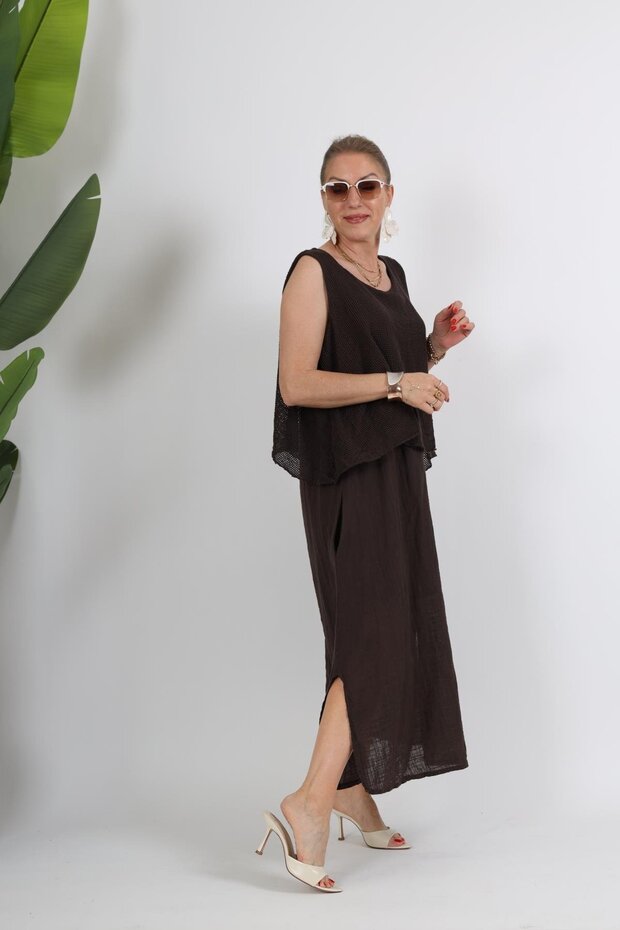 İthal File Detay Sıfır Kol Kahve Keten Elbise - 4