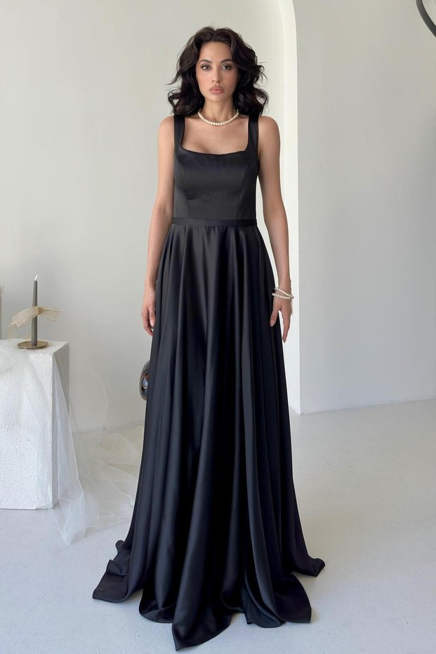 Black Square Neck Strap Satin Evening Dress