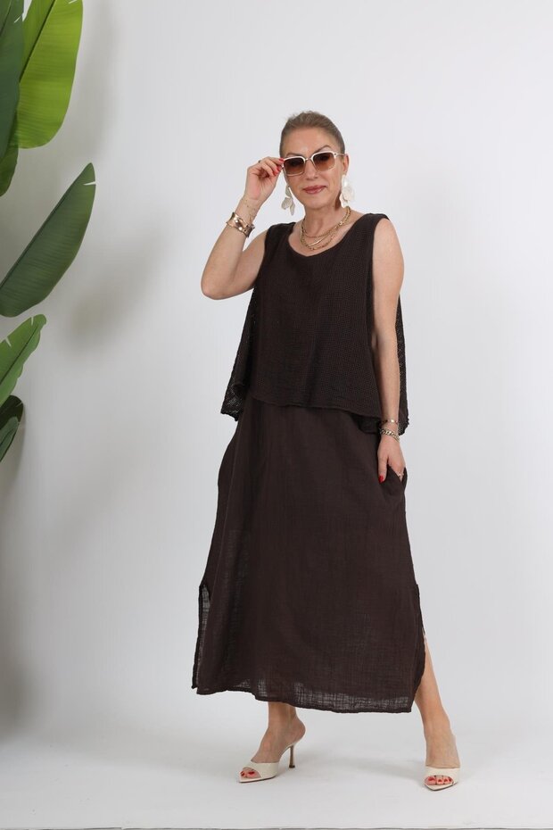 İthal File Detay Sıfır Kol Kahve Keten Elbise - 5