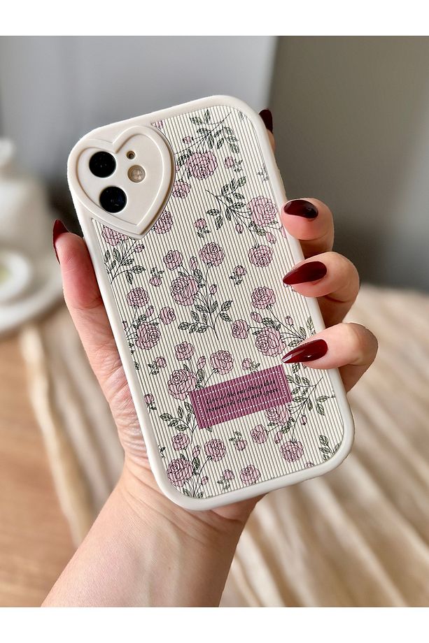 IPHONE 11 ÇİÇEK DESENLİ KALP DETAYLI EKRU KILIF - 1