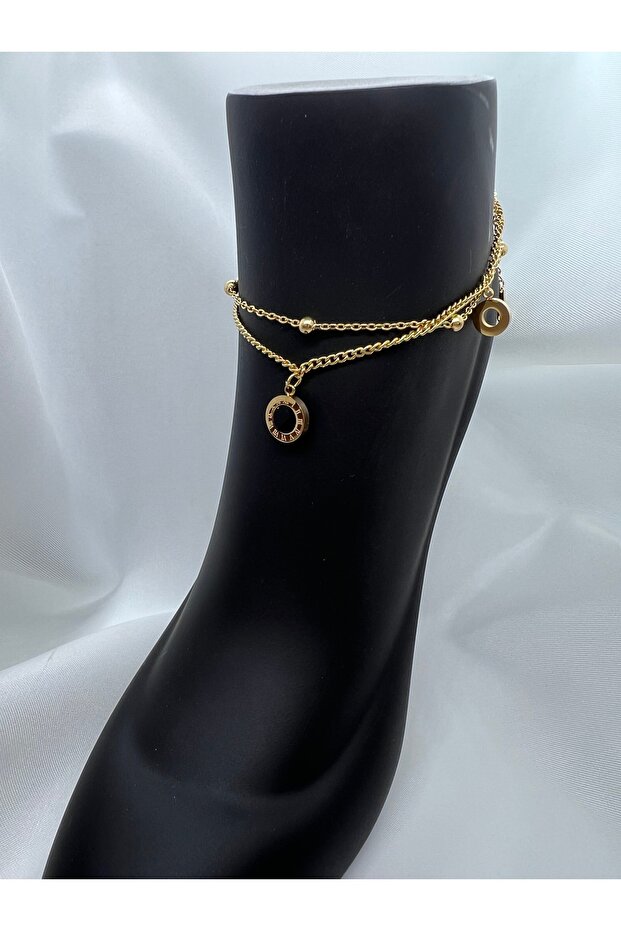 Roman Numeral Double Chain Dangle Gold Gold Color Steel Anklet