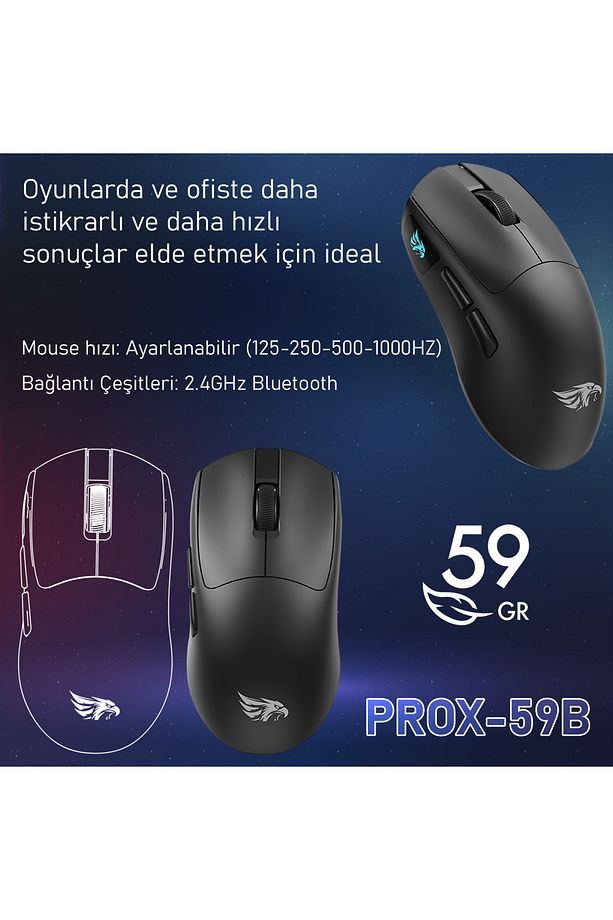 Prox Bluetooth-Kablosuz-Kablolu Şarjlı 12800 Dpı Hafif 59GR Gaming Mouse Oyuncu Mouse SİYAH - 5