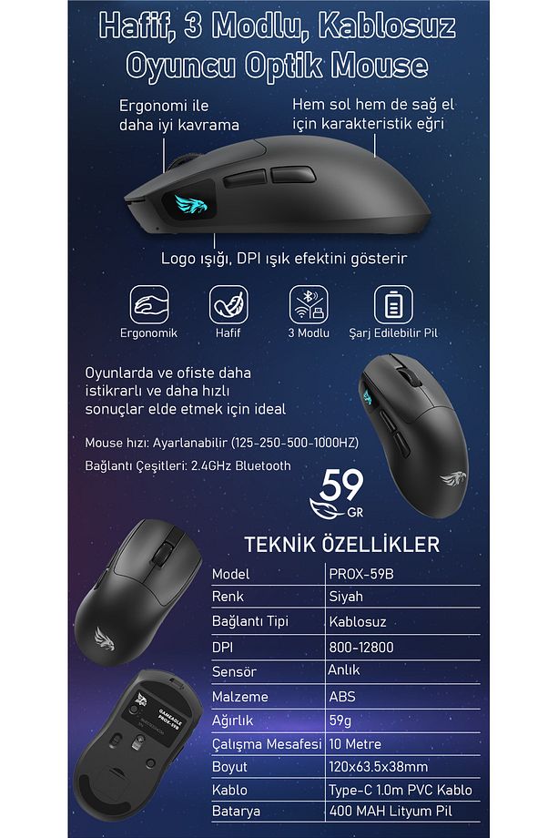Prox Bluetooth-Kablosuz-Kablolu Şarjlı 12800 Dpı Hafif 59GR Gaming Mouse Oyuncu Mouse SİYAH - 3