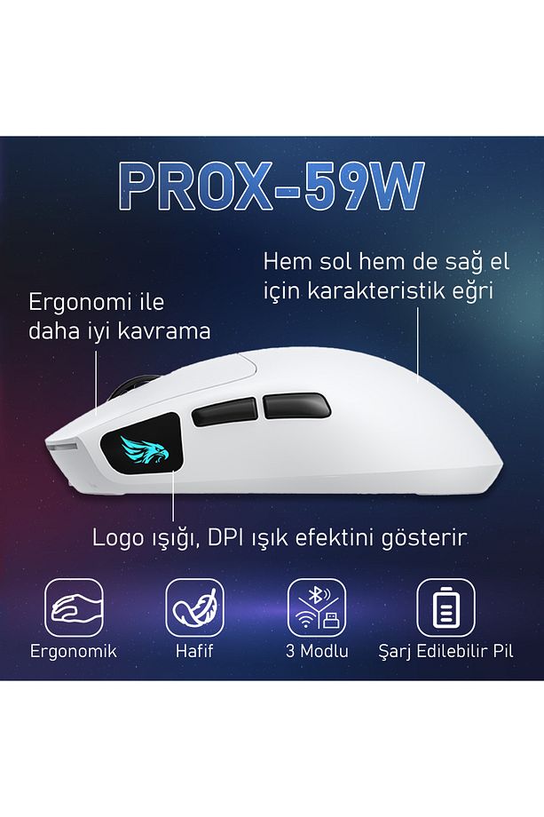 Prox Bluetooth-Kablosuz-Kablolu Şarjlı 12800 Dpı Hafif 59GR Gaming Mouse Oyuncu Mouse BEYAZ - 4