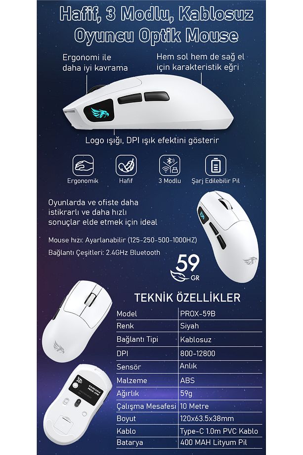 Prox Bluetooth-Kablosuz-Kablolu Şarjlı 12800 Dpı Hafif 59GR Gaming Mouse Oyuncu Mouse BEYAZ - 3