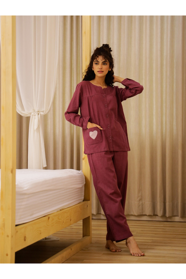 Women Solid Long Sleeve Pure Cotton Shirt and Pyjama Set