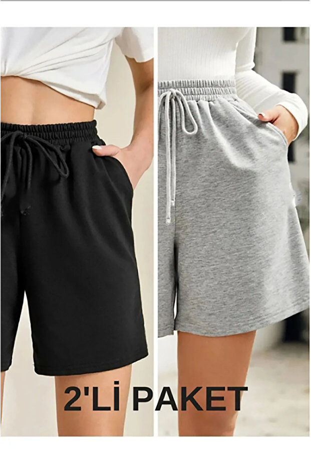 Unisex Black-Grey 2-Piece Elastic Waist Pocket S-Horts