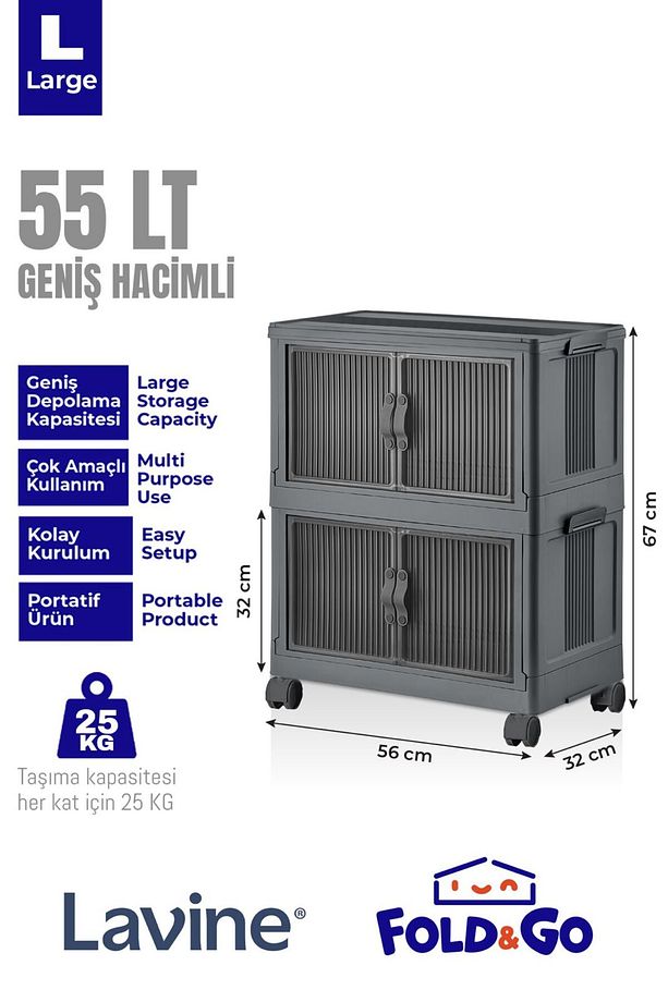 Fold&Go 2'Lü Portatif Organizer Tekerlekli Dolap ”Antrasit” Çok Amaçlı Mıknatıs Kapaklı Katlanır - 3