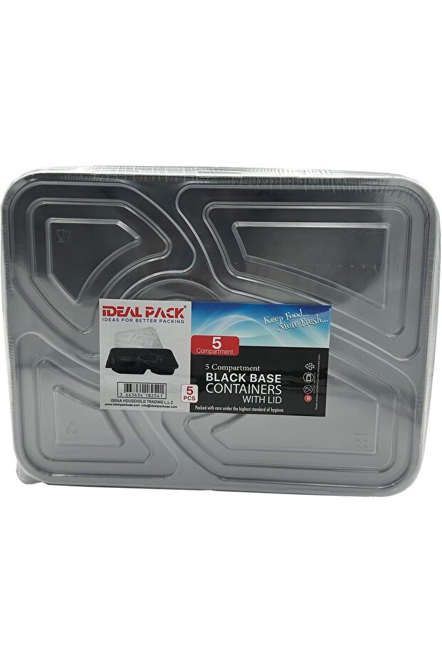 5-Section Black Base Food Containers with Lids – 5 PCS