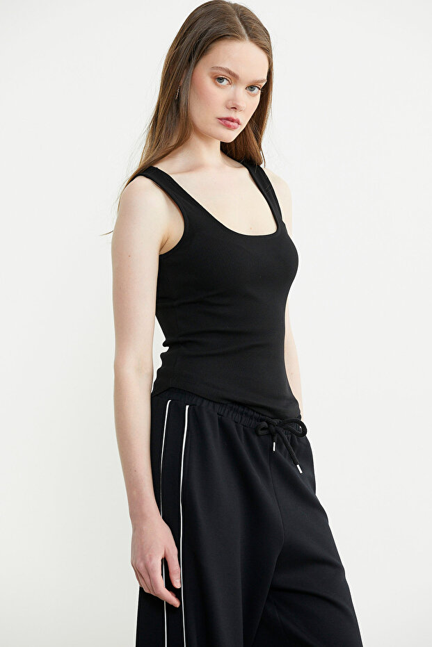 Kalın Askılı Fitilli Basic Atlet - Siyah - 4