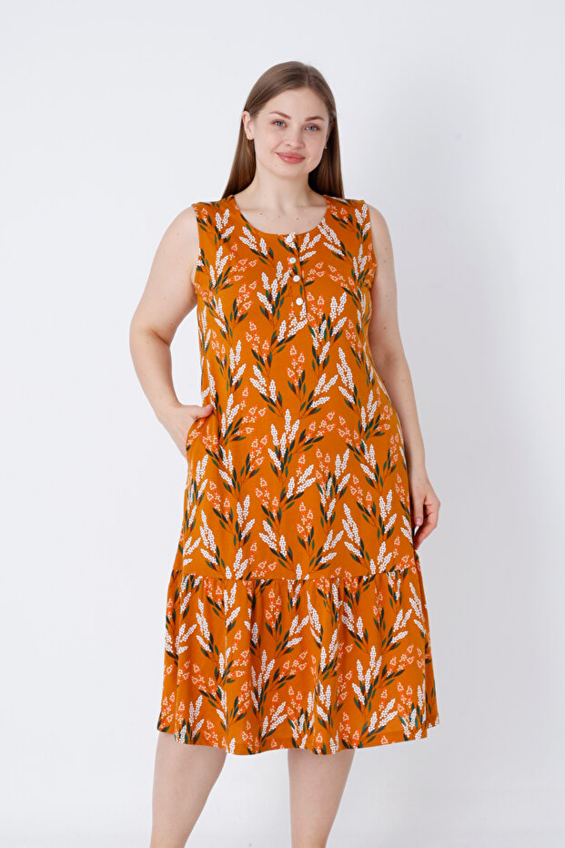 Women's Strappy Patterned Pocket Buttoned Plus Size Cotton Dress