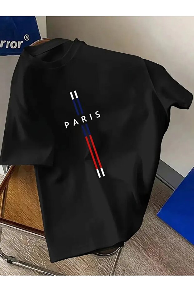 Black Oversize T-Shirt – Unisex Model with Paris Written Stripe Detail