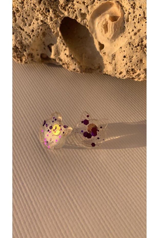 Transparent Colored Cat Dog Face Purple Glitter Gold Accessory Small Epoxy Earrings Handmade Gift