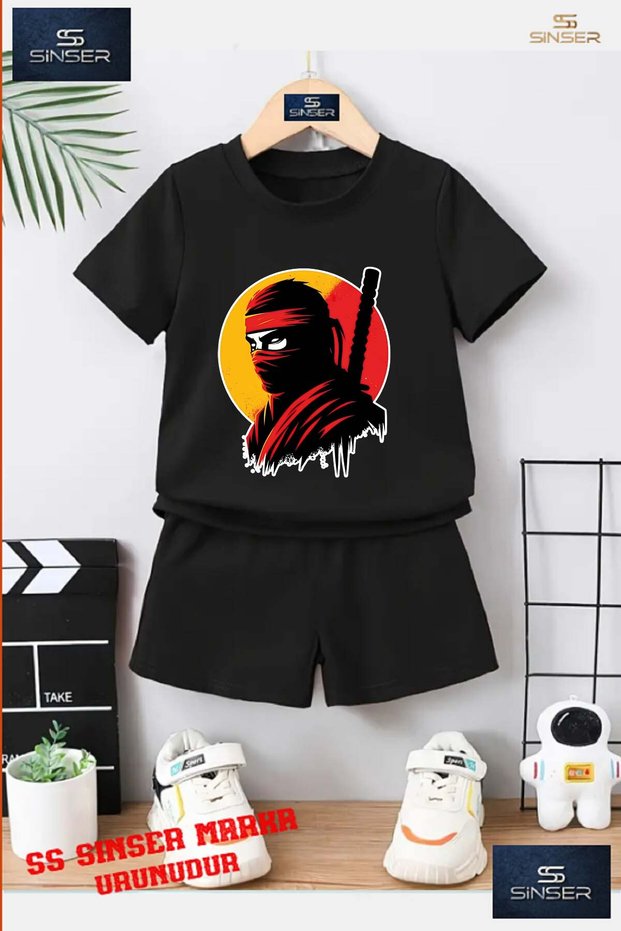 Children's Unisex “Samurai Masked Head“ Custom Printed Crew Neck T-Shirt - Shorts Set