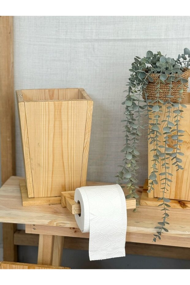 Wooden Toilet Paper Holder and Trash Can Bathroom Set