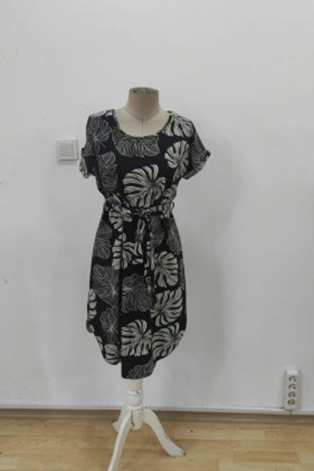 Crew Neck Patterned Knitted Midi Crepe Dress - 3