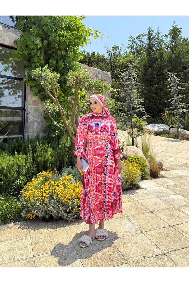 Desenli Piliseli Elbise 32-2372 - 4
