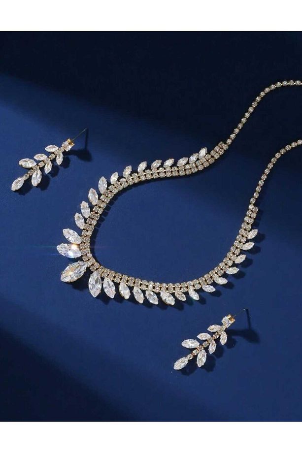 Gold Zirkon Taşlı Yaprak Model Kolye Küpe Seti Zarif Düğün Takı Seti Kına Takı Seti Nişan Takı Seti - 2