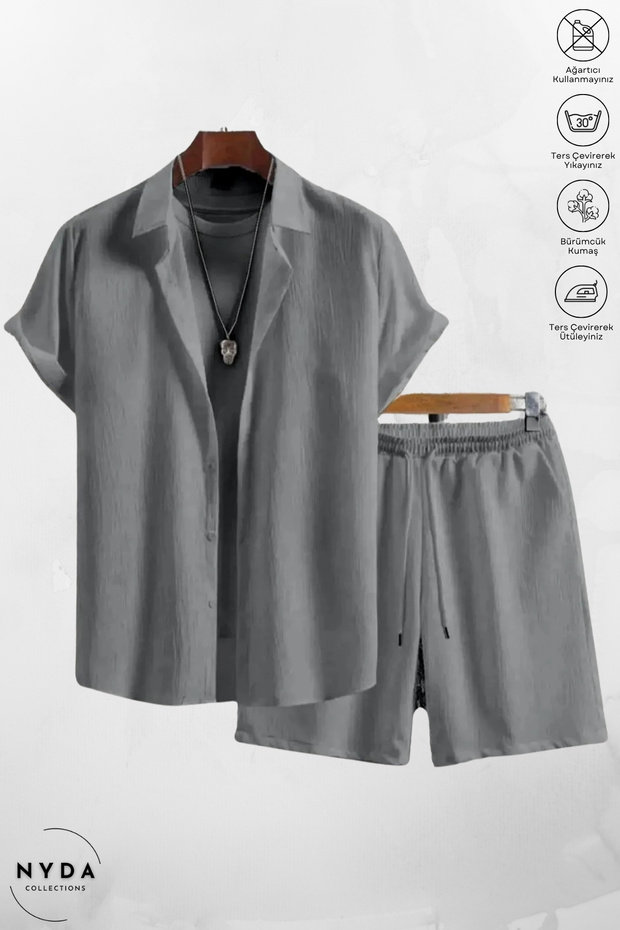 Men's Crinkle Fabric Wrinkle Suit Summer Buttoned Short Sleeve Shirt and Lace up Shorts Suit with Pockets