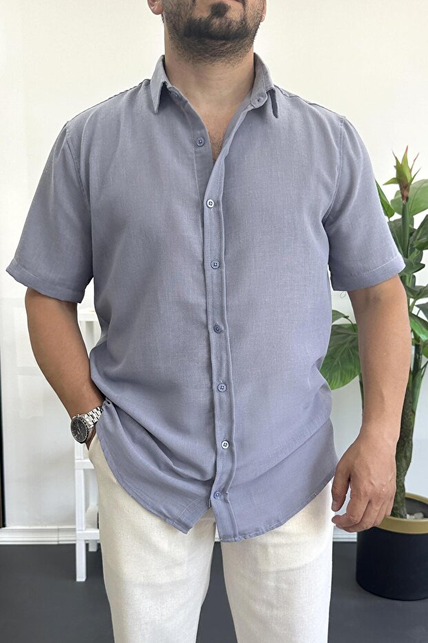Men's Short Sleeve Linen Look Shirt Blue Edw389
