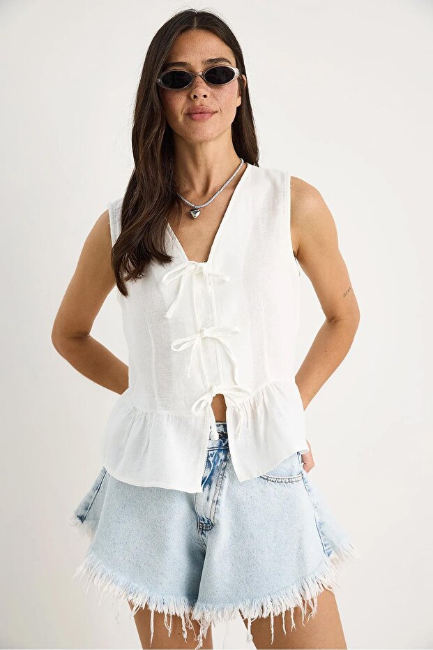 Women's Ecru Front Tie Sleeveless Skirt Ruffled Muslin Blouse